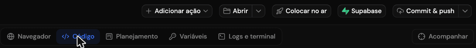 Barra do Synthor com os botões Colocar no ar, Supabase e Commit & push, e as abas Navegador, Código, Planejamento, Variáveis e Logs e terminal