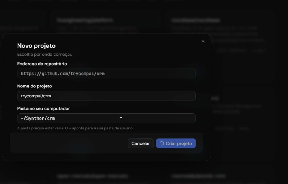 Diálogo de novo projeto do Synthor com o endereço do repositório trycompai/crm, o nome do projeto e a pasta ~/Synthor/crm escolhida no computador, avisando que a pasta precisa estar vazia