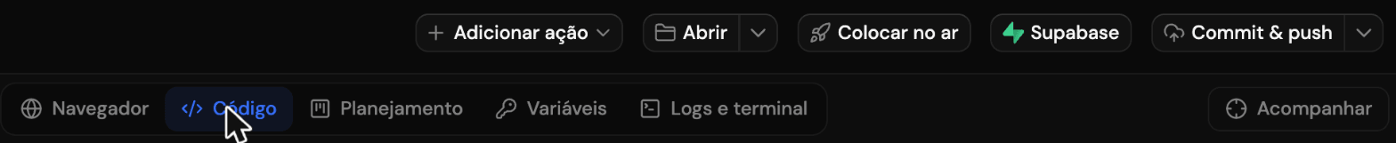 Barra do Synthor com os botões Colocar no ar, Supabase e Commit & push, e as abas Navegador, Código, Planejamento, Variáveis e Logs e terminal