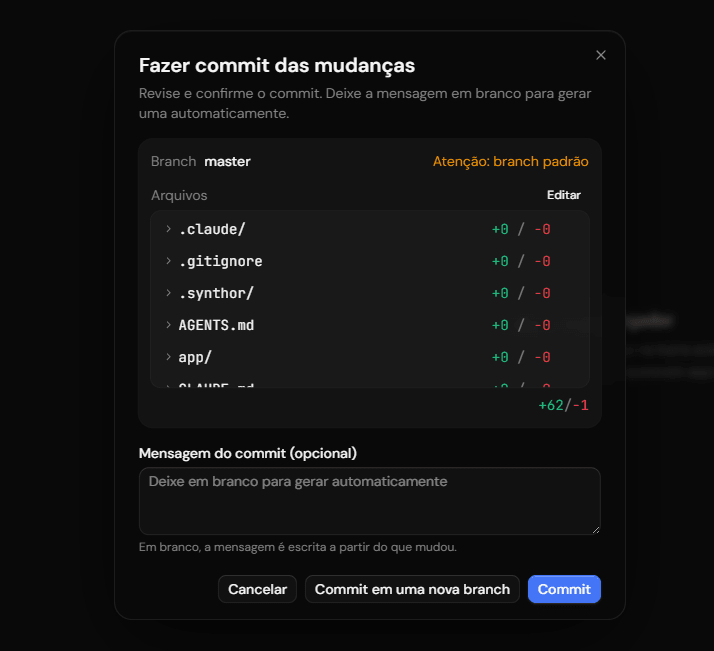 Diálogo do Synthor para fazer commit, com a lista de arquivos alterados, o total de linhas e o campo de mensagem avisando que em branco ela é gerada automaticamente